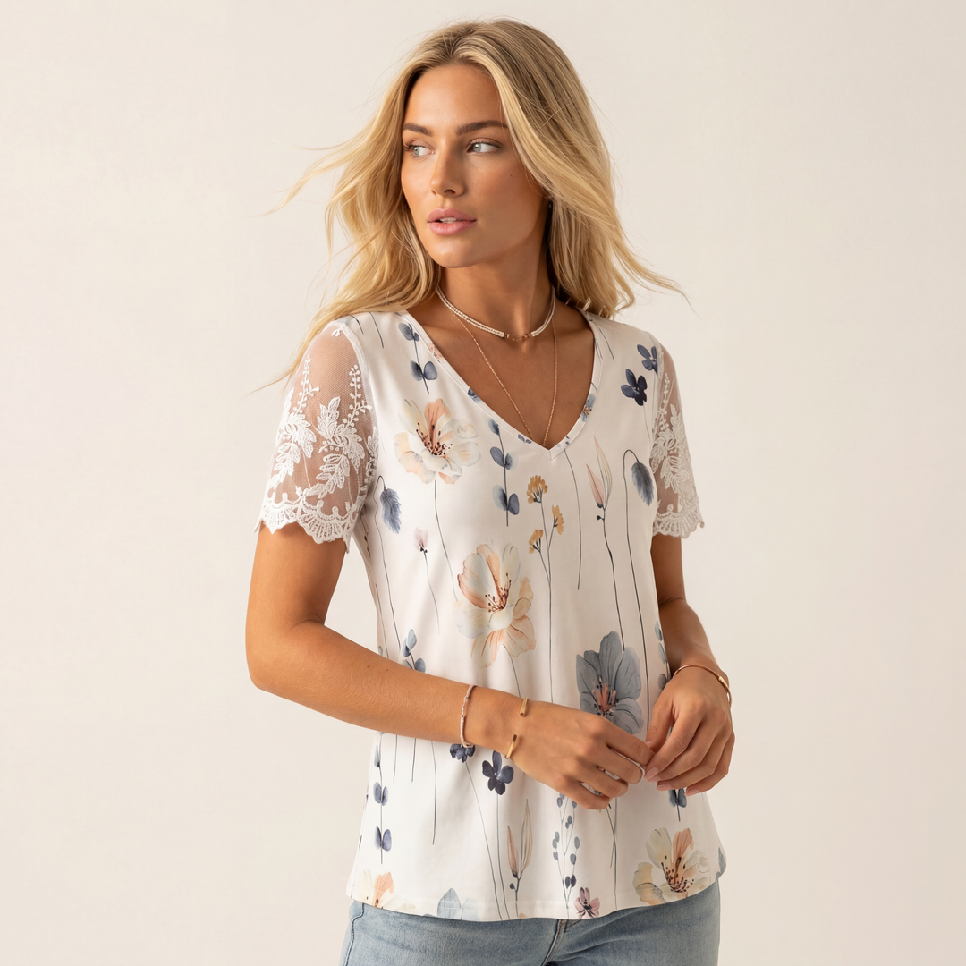 Women’s Floral Print V-Neck Short Sleeve T-Shirt – White Casual Blouse Top