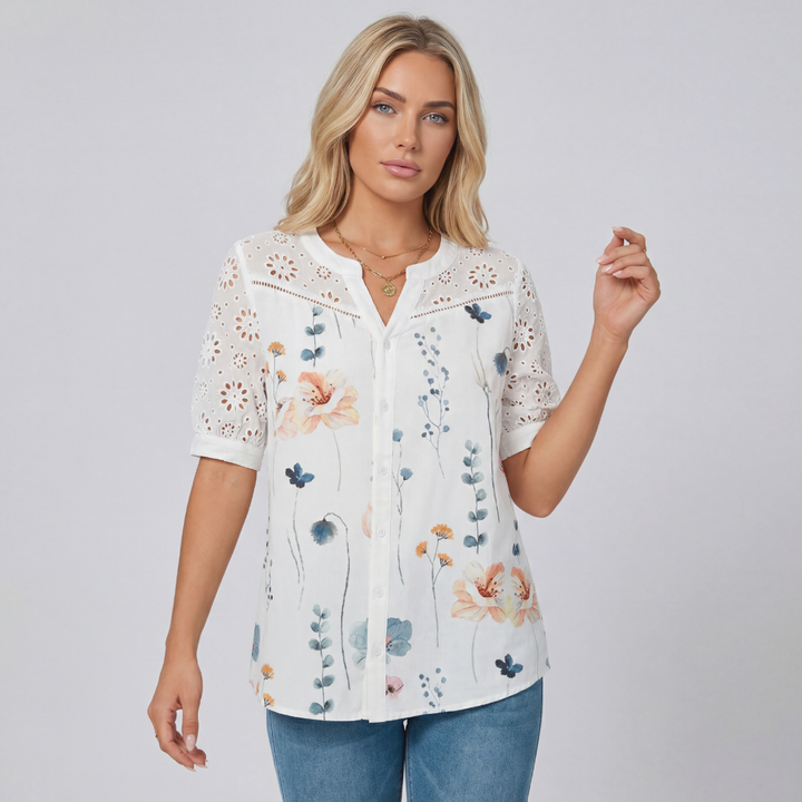 Women’s Floral Print Button-Front Short Sleeve Blouse – Casual Lace Detail Top