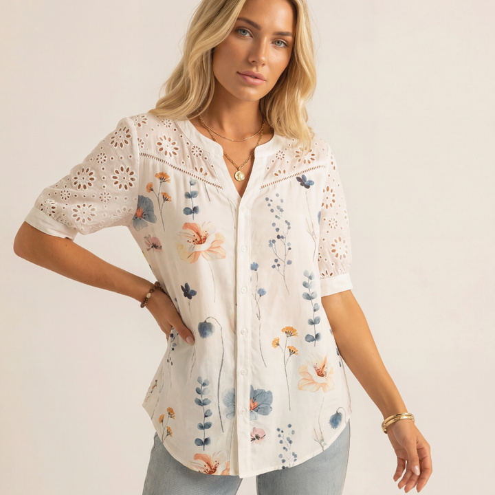 Women’s Floral Print Button-Front Short Sleeve Blouse – Casual Lace Detail Top