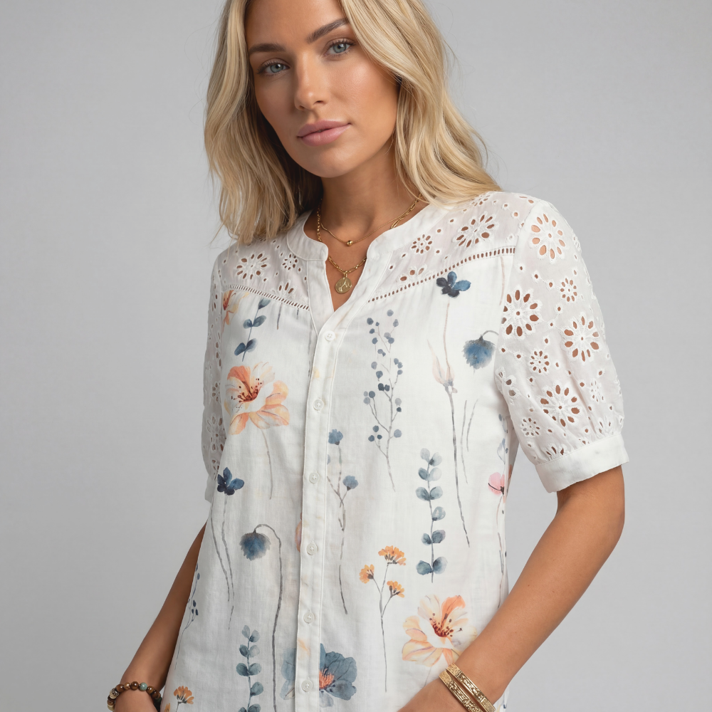 Women’s Floral Print Button-Front Short Sleeve Blouse – Casual Lace Detail Top