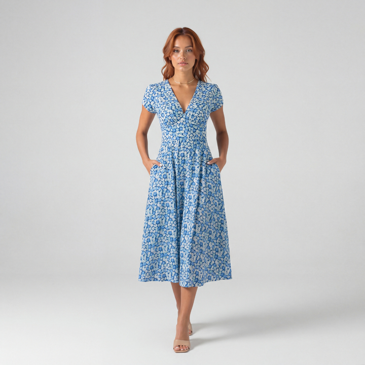 EMMA – Women’s Floral V-Neck Midi Dress with Pockets