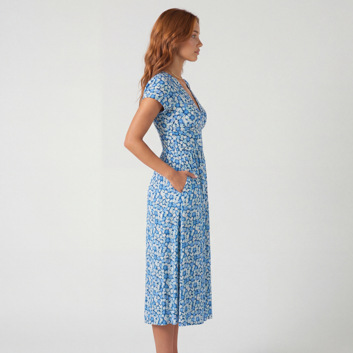 EMMA – Women’s Floral V-Neck Midi Dress with Pockets