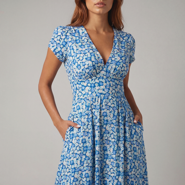 EMMA – Women’s Floral V-Neck Midi Dress with Pockets