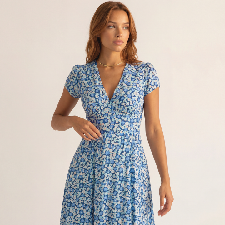 EMMA – Women’s Floral V-Neck Midi Dress with Pockets