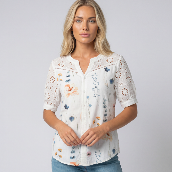 Women’s Floral Print Button-Front Short Sleeve Blouse – Casual Lace Detail Top