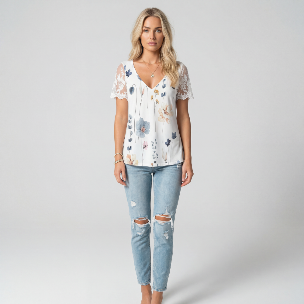 Women’s Floral Print V-Neck Short Sleeve T-Shirt – White Casual Blouse Top