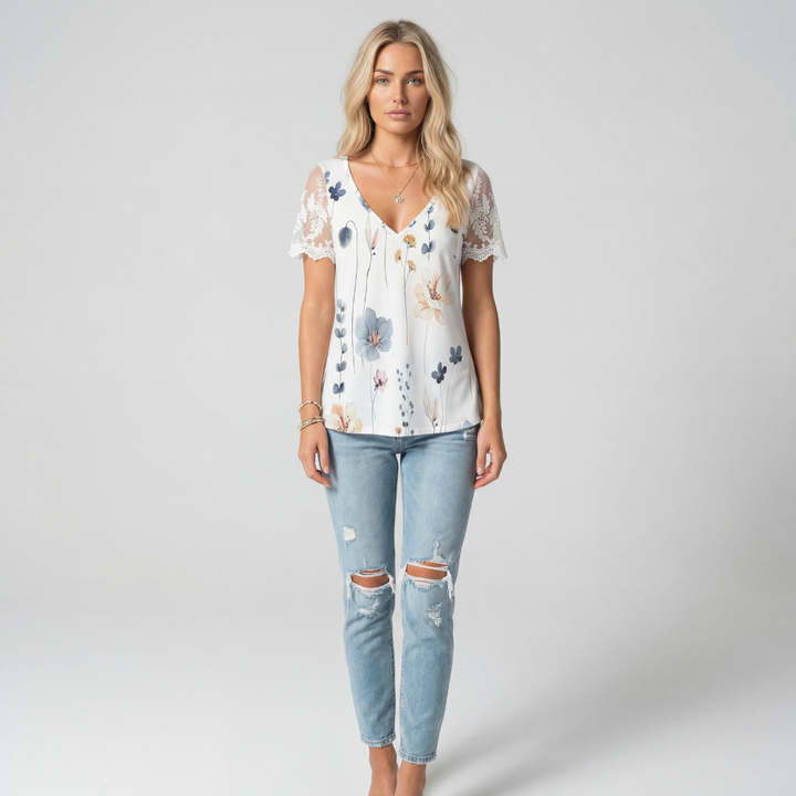 Women’s Floral Print V-Neck Short Sleeve T-Shirt – White Casual Blouse Top