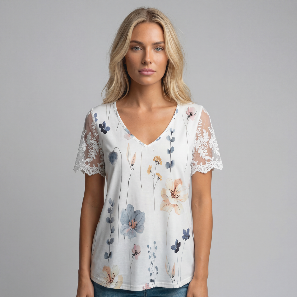 Women’s Floral Print V-Neck Short Sleeve T-Shirt – White Casual Blouse Top
