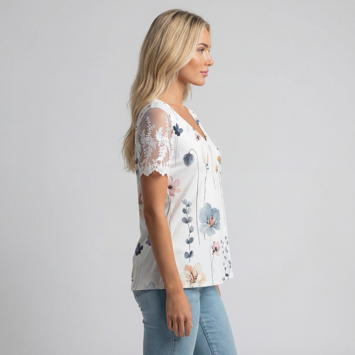 Women’s Floral Print V-Neck Short Sleeve T-Shirt – White Casual Blouse Top